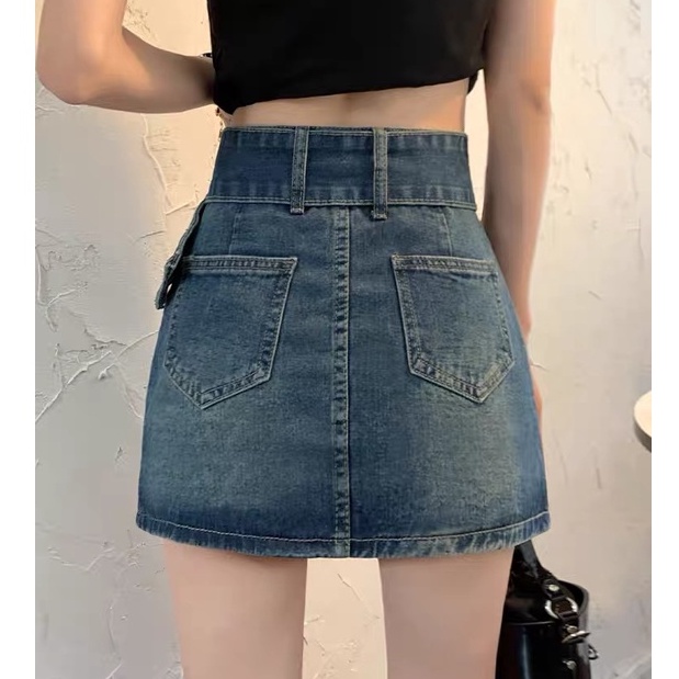 Chân váy jean QKOOLE dáng chữ A lưng cao phong cách Hàn Quốc cho nữ