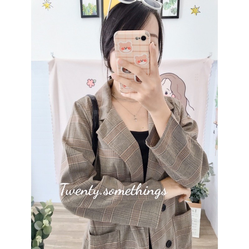 ÁO BLAZER KẺ NÂU GHI 1 LỚP ( ảnh thật/ video/ sẵn) | BigBuy360 - bigbuy360.vn