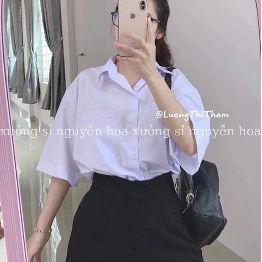 Áo sơ mi trắng unisex ngắn tay túi ngực form dáng rộng nam nữ mặc được Xưởng Sỉ Nguyễn Hoa