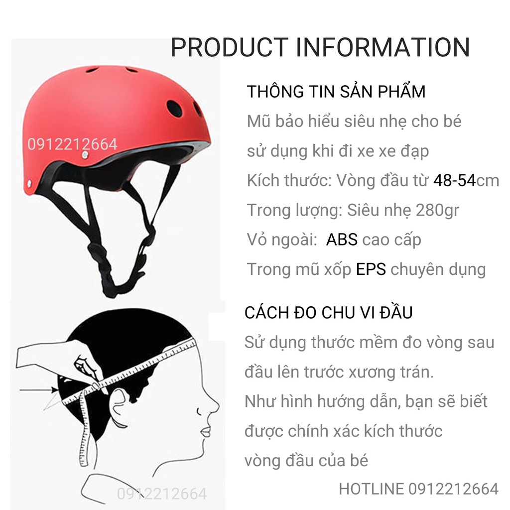 Mũ bảo hiểm  siêu nhẹ cho bé, vỏ mũ nhựa ABS cao cấp hạt xốp EPS chuyên dụng, sử dụng cho bé vòng đầu 50-54cm, 3-8 tuổi