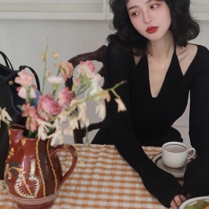 Áo dệt kim SUXI tay dài cổ chữ V màu trơn phong cách vintage mới