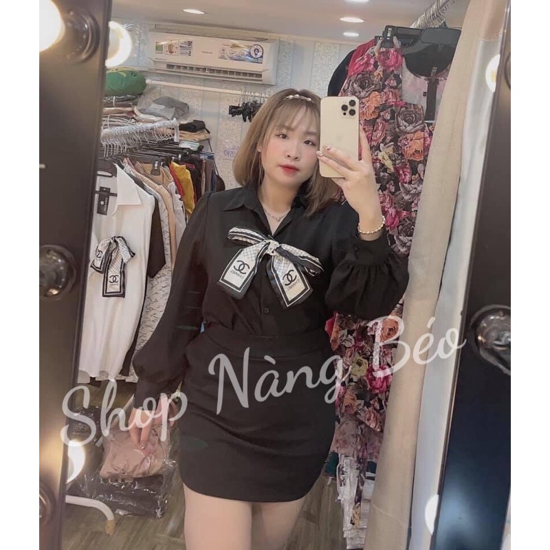 Áo sơ mi kiểu nữ bigsize - sơ mi tay dài phối nơ - áo sơ mi công sở - SHOP TÁO ĐỎ BIGSIZE