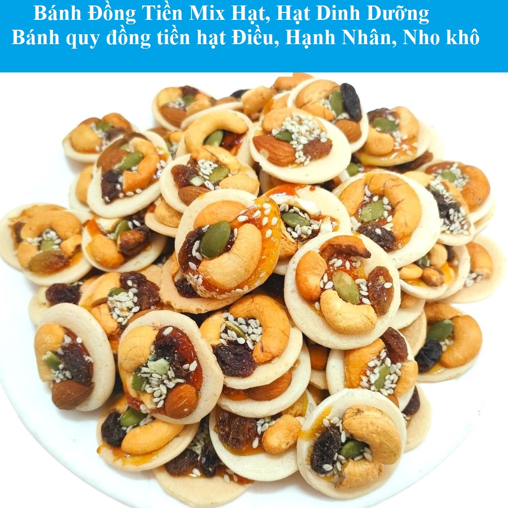 Bánh Đồng Tiền Mix Hạt, Hạt dinh dưỡng,bánh quy đồng tiền hạt hạt điều, nho khô, hạt bí, mè rang - Hủ 350gr