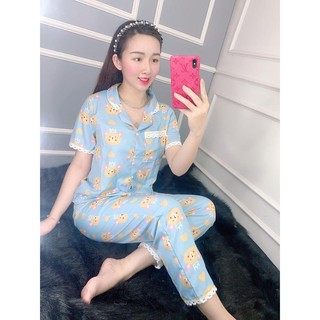 Đồ Bộ Pijama Tay Ngắn Quần dài Vải Kate Lụa Mềm Mịn Viền Bèo tiểu thư 43-56kg (GIAO ĐÚNG MẪU 100%)