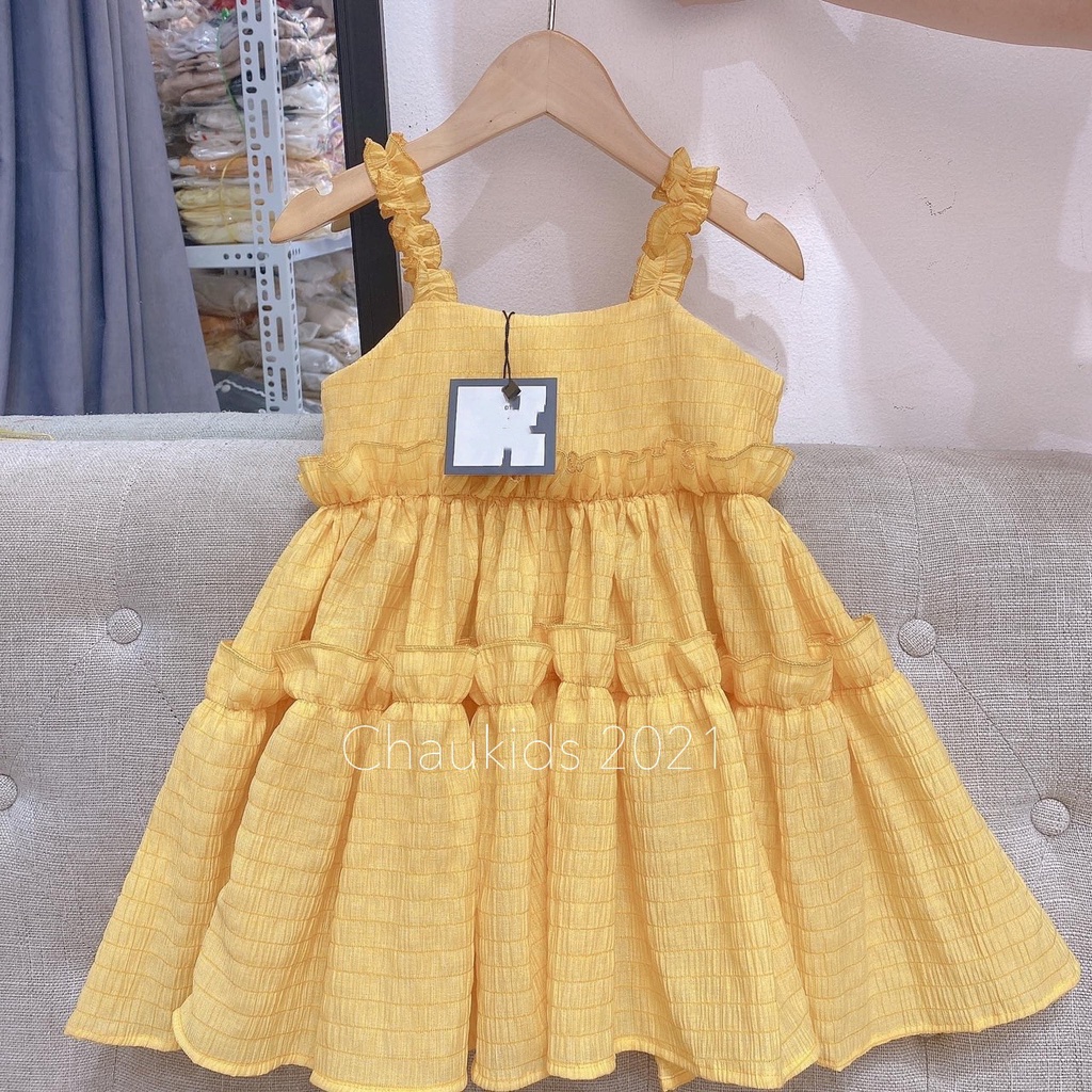 Váy bé gái, váy xốp vàng 2 dây bèo dáng xòe xinh xắn cho bé