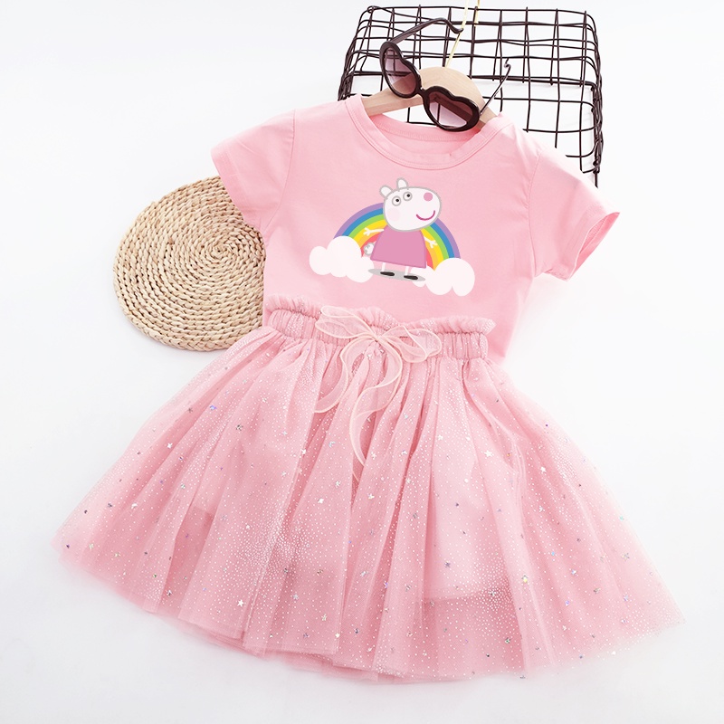 Bộ 2 Món Áo Thun Tay Ngắn + Đầm Tutu In Họa Tiết Hoạt Hình Lấp Lánh Cho Bé Gái