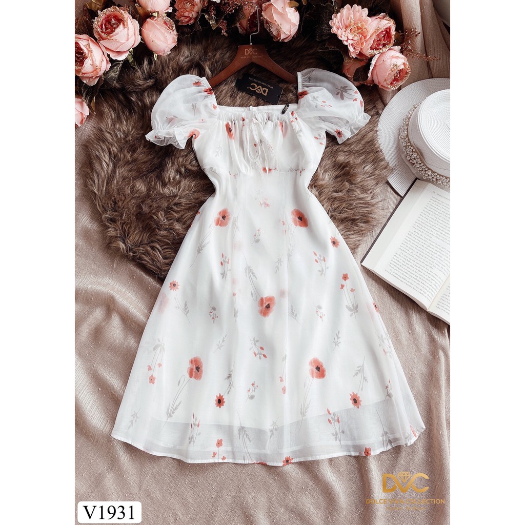 Váy hoa xòe cổ vuông nhún ngực V1931 - Đẹp Shop DVC (Kèm ảnh thật trải sàn do shop tự chụp)