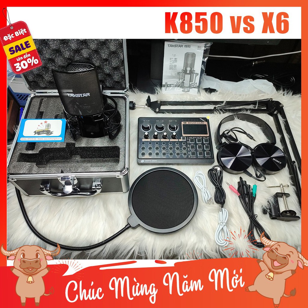 CTY MT trọn bộ combo micro K850 + sound card X6 + full phụ kiện livestream karaoke thu âm cao cấp(BH 12T)