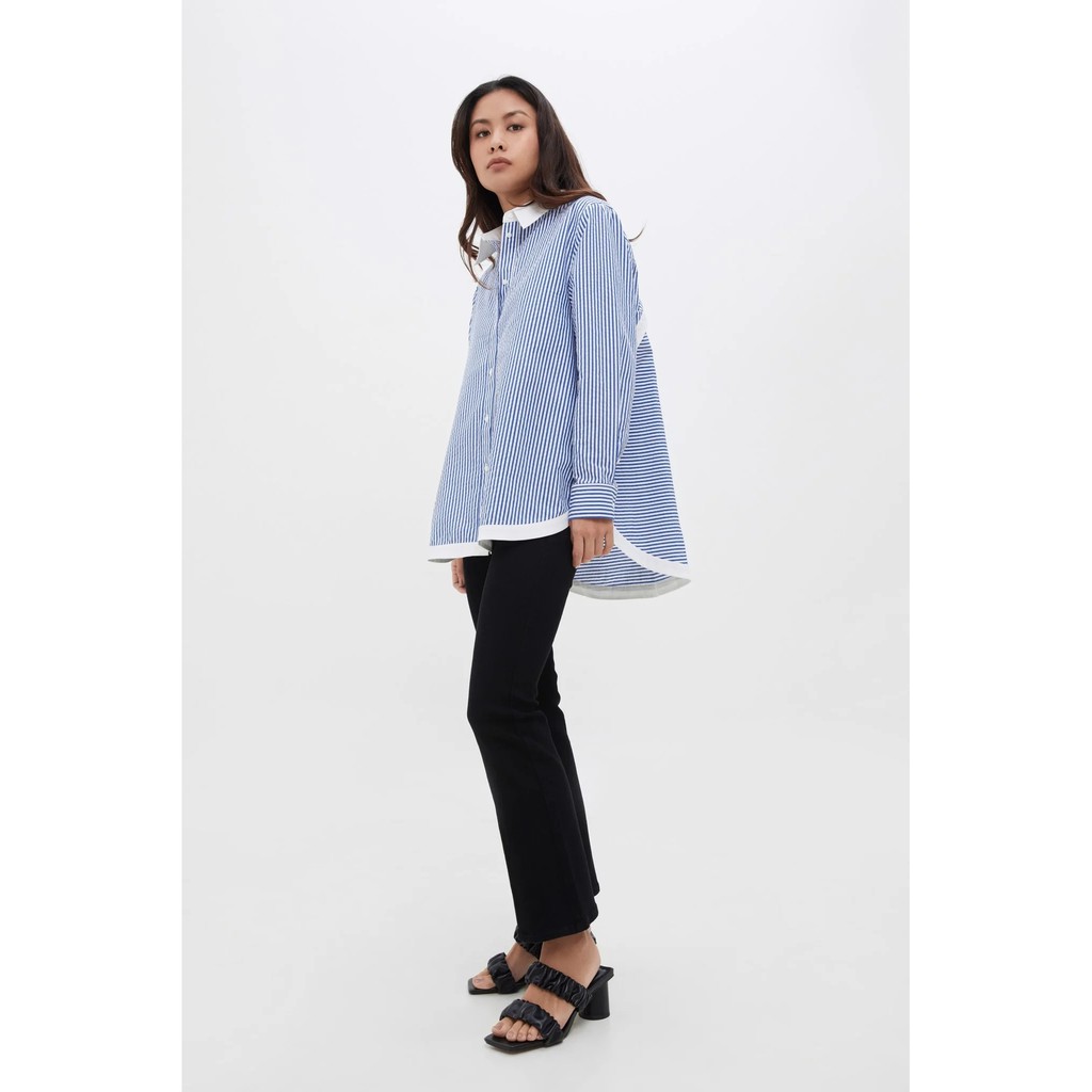 TheBlueTshirt - Modern Arc Oversized Shirt - Áo sơ mi kiểu nữ sọc xanh viền trắng