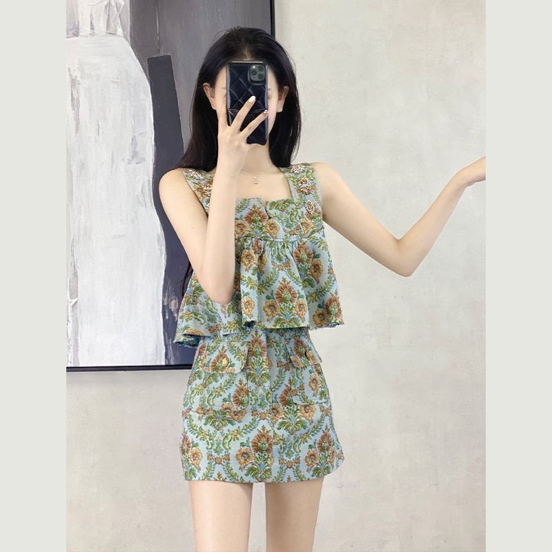 Set áo hai dây + chân váy sọc caro thời trang nữ