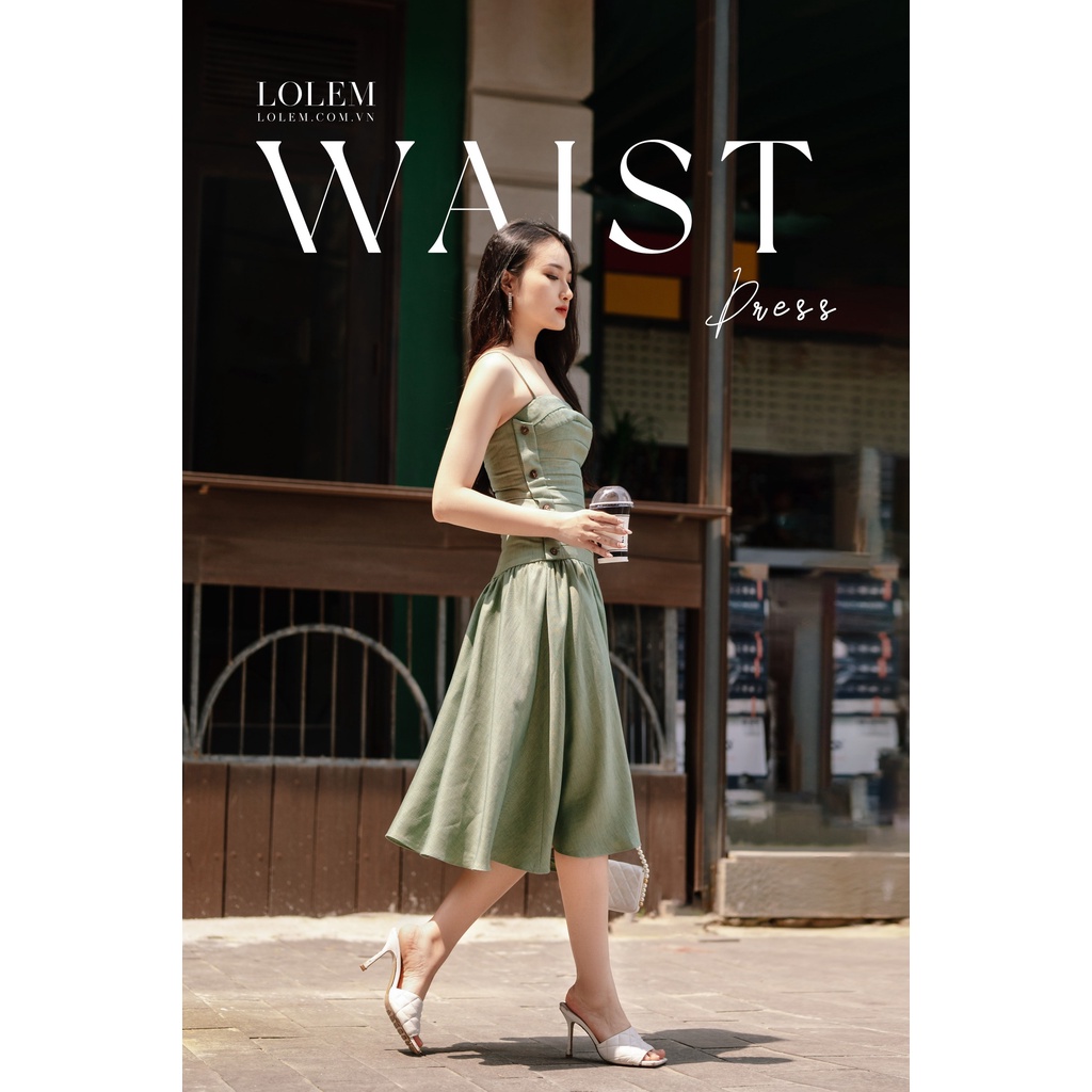 Đầm xòe Tafta sồi hai dây thân xếp nút gỗ LOLEM CLOTHING- DX286