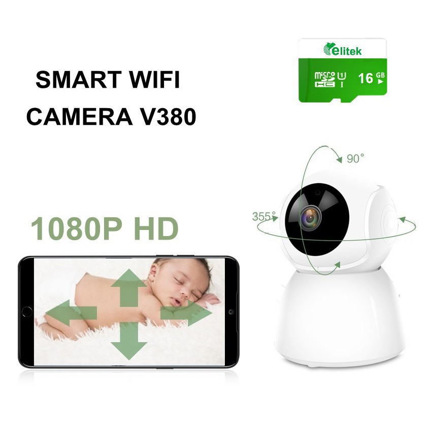 Camera IP V380 Giám Sát Từ Xa 1080P + Thẻ Nhớ 16GB