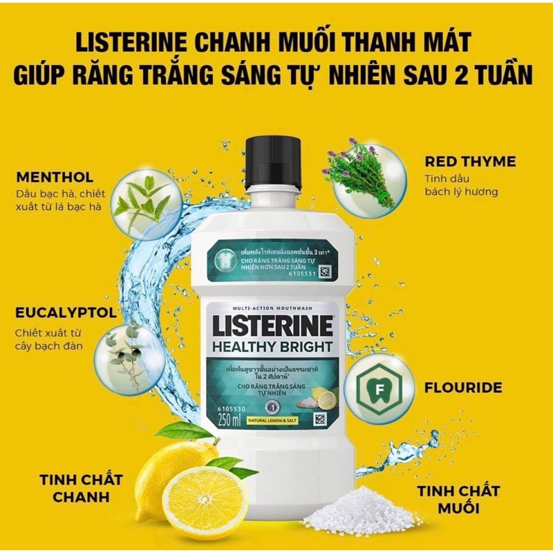 Nước súc miệng giúp răng trắng sáng tự nhiên Listerine Healthy Bright 750ML [HSD: 2024]