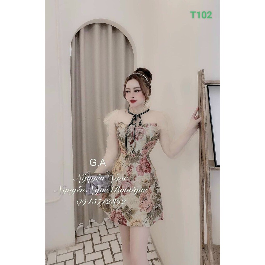 Đầm xòe tay phối lưới họa tiết hoa Rose Fashion.