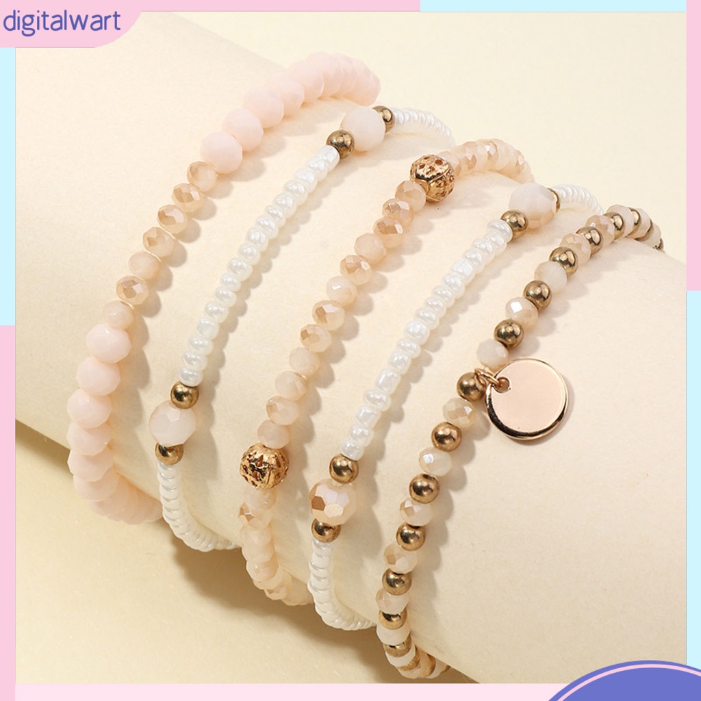 Set 5 Vòng Tay Chuỗi Hạt Co Giãn Màu Vàng / Bạc Thời Trang Cho Nữ