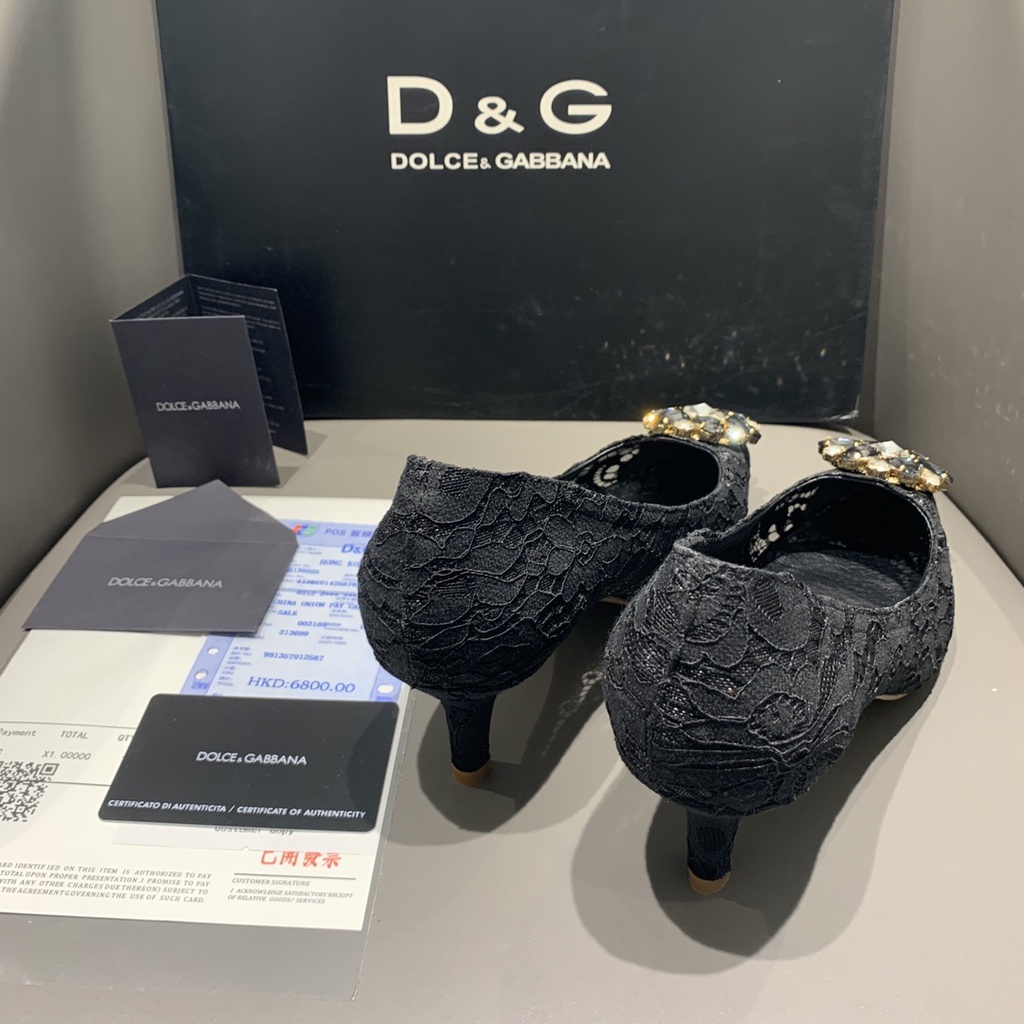 Giày Cao Gót Dolce & Gabb * * *  Màu Đen Đính Đá Phối Ren Hoa Hướng Dương Phong Cách Cổ Điển 1: 1 Restore