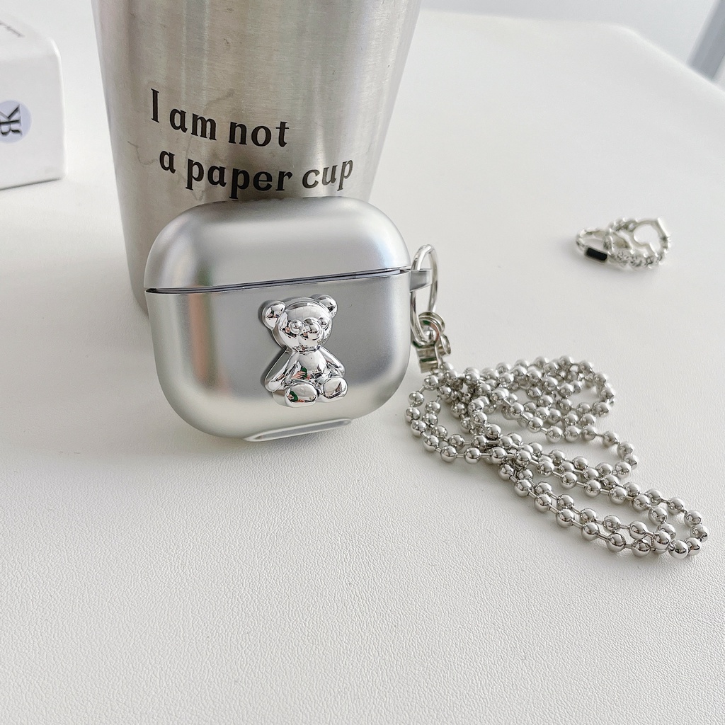 Vỏ bọc TPU mềm nhám bảo vệ hộp sạc tai nghe Airpods 1/ 2 pro 3 mới mạ bạc họa tiết gấu dễ thương