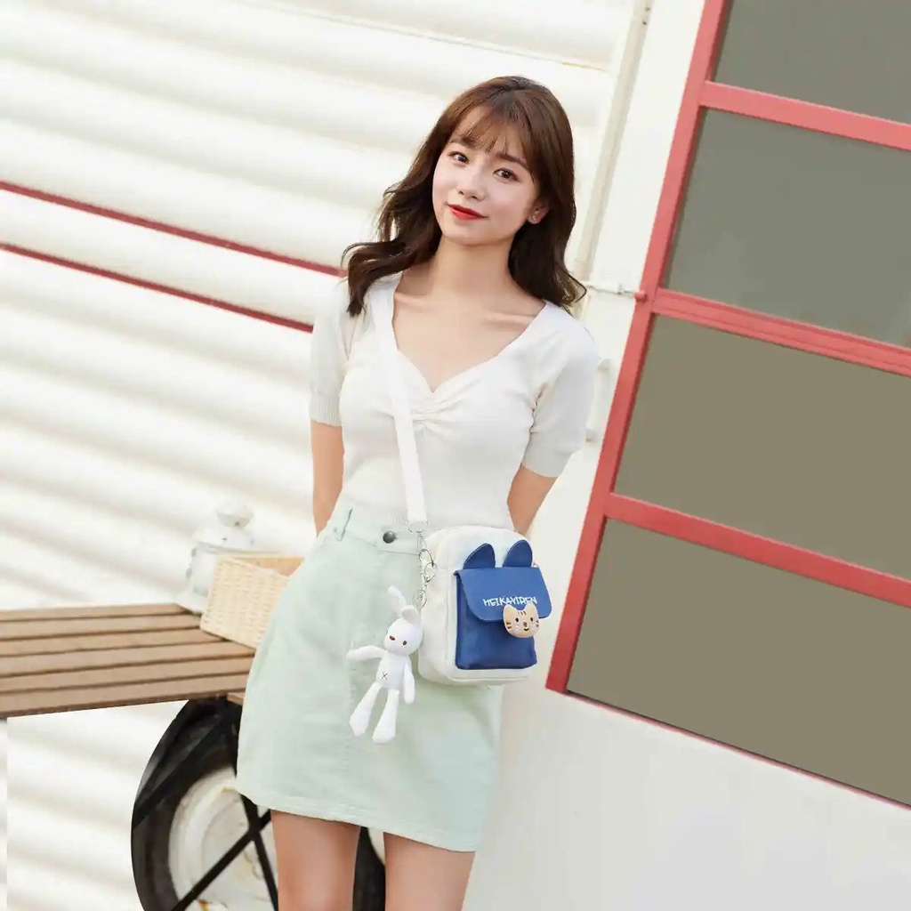Túi đeo chéo vải canvas mini tai mèo đáng yêu đựng đồ đa năng đi học đi chơi giá rẻ ( không kèm mặt mèo bông)