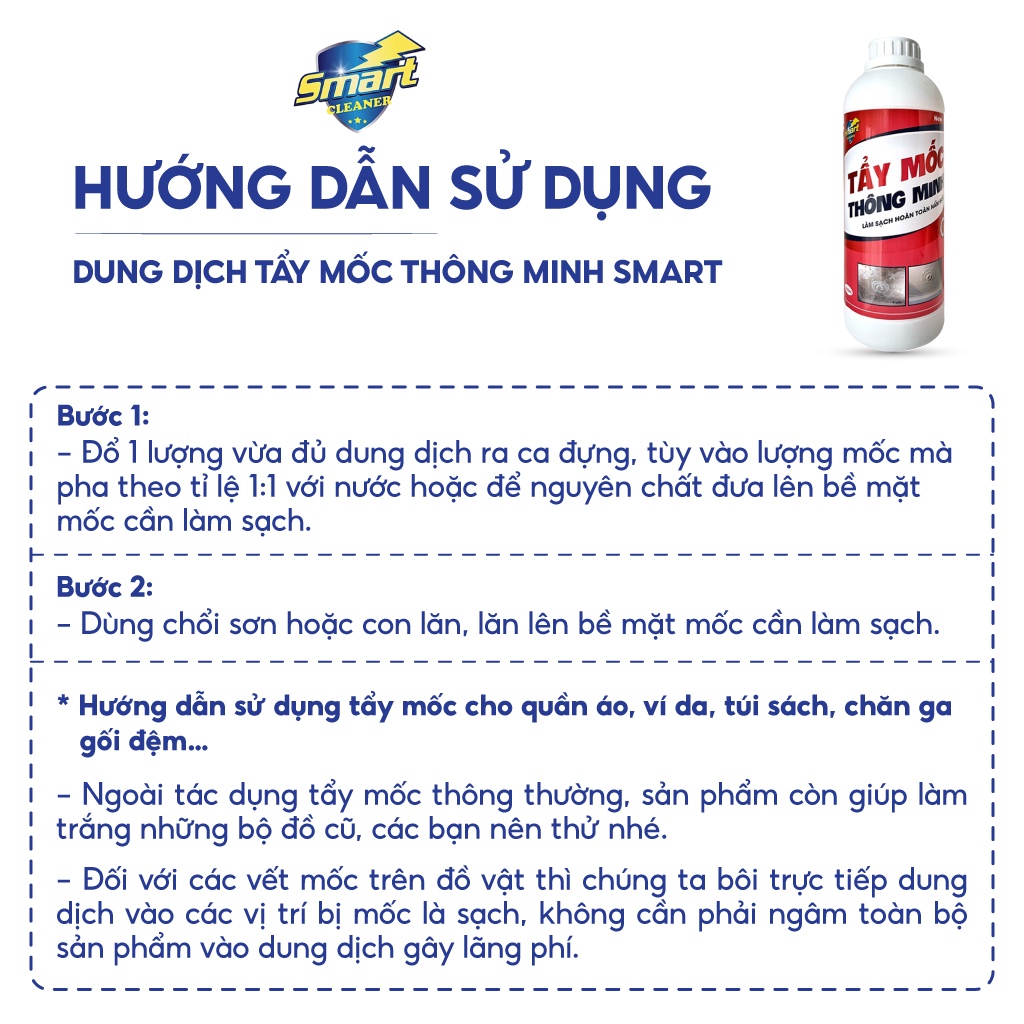 Dung dịch tẩy mốc Smart an toàn chai 1000ml làm sạch mốc tường, doăng cao su, chăn gối, quần áo trắng