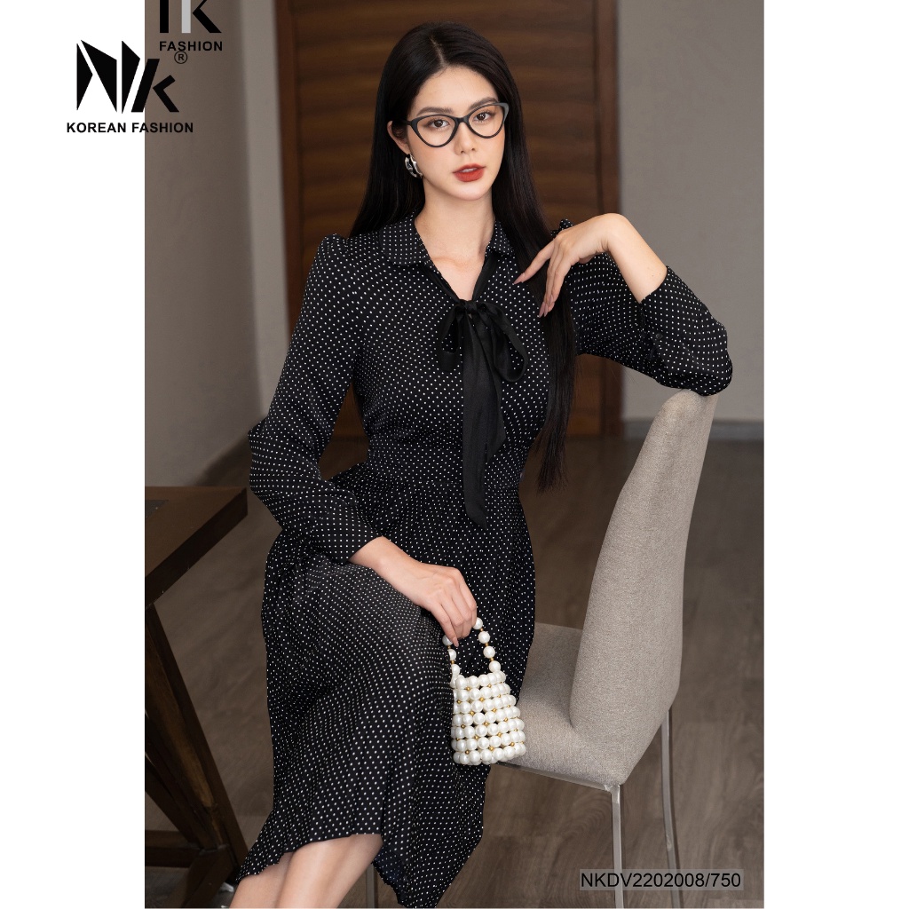 Đầm Chấm Bi Nữ NK Fashion Thiết Kế Dập Ly Kết Hợp Nơ Rời Tạo Vẻ Nữ Tính, Chất Liệu Vải Cao Cấp, Không Nhăn NKDV2202008