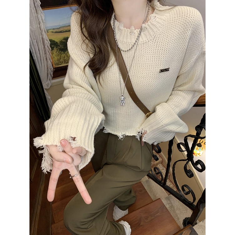 Áo Dệt Kim Tay Dài Dáng Ôm Rách Cá Tính Thời Trang Phong Cách Hàn Quốc Cho Nữ