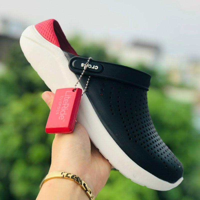 Dép Cross Literide  FREESHIP + Hàng loại 1 + Hộp  giày sục sandal Crocs quai ngang bít đầu nam nữ, kèm tag đen-đỏ
