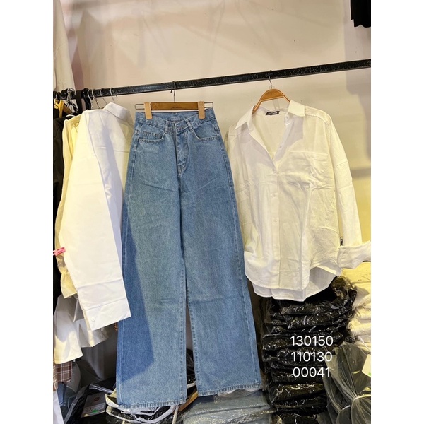 Set Baggy jeans ống suông + sơ mi tay dài 1 túi