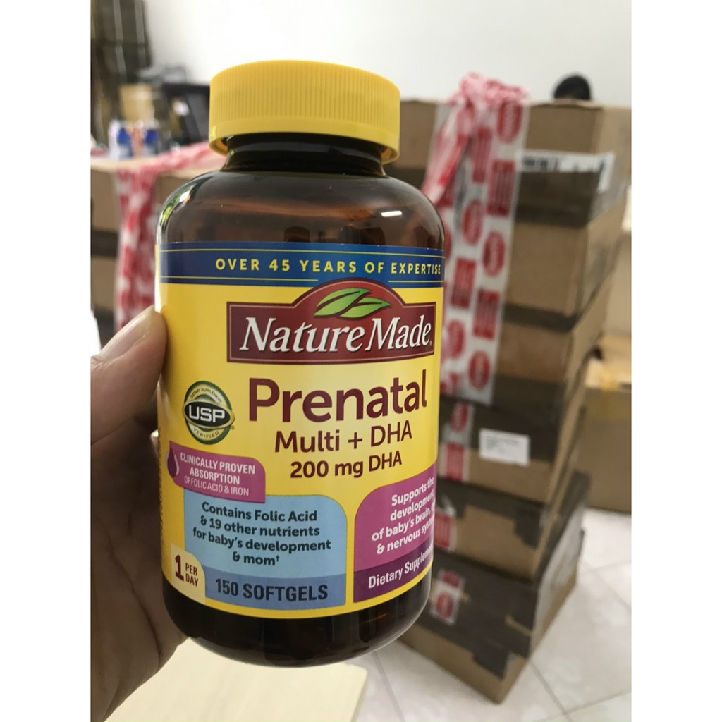 Mẫu mới-Date mới Thuốc Bổ Bầu Mỹ Viên Uống Vitamin Nature Made PRENATAL Multi DHA 200mg 150 Viên