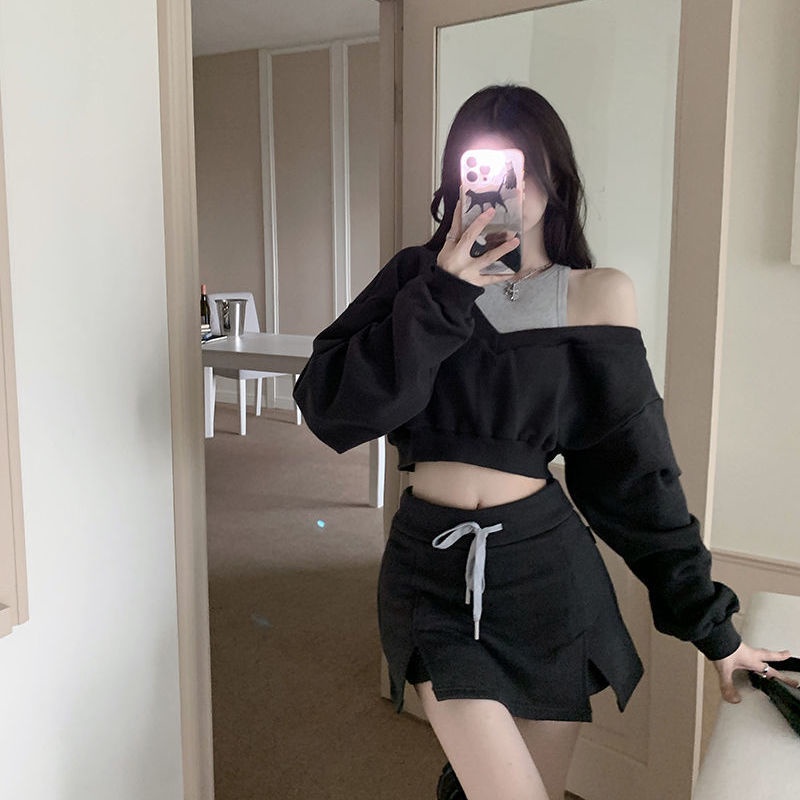 COZOK Set Áo Thun Tay Dài Trễ Vai + Chân Váy Lưng Cao Thời Trang Nữ