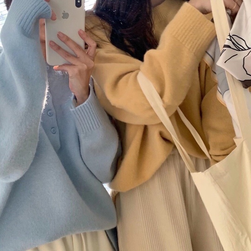 Áo len trơn cổ tròn 5 khuy Phong cách Ulzzang Hàn Quốc