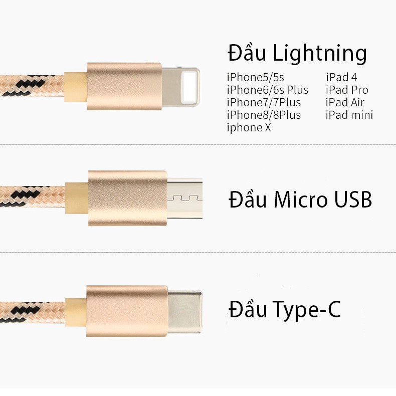 Cáp sạc 3 Đầu dây dù chính hãng Sạc 3 điện thoại 1 lúc 3in1 sạc nhanh