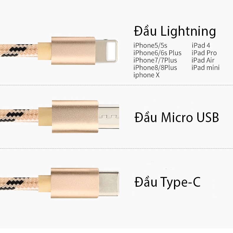 Dây Cáp Sạc 3 Đầu Truyền Dữ Liệu Usb 2.0 Đầu Cắm lightning type c và Micro USB Sạc 3 Điện Thoại Cùng 1 Lúc