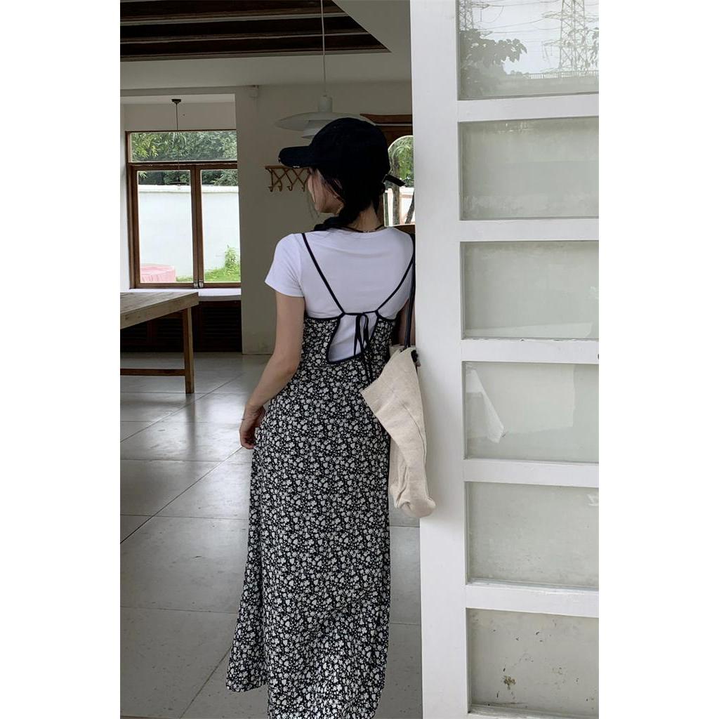 Jumpsuit Hai Dây / Áo Thun Trơn Màu Họa Tiết Hoa Phong Cách Mới 65412