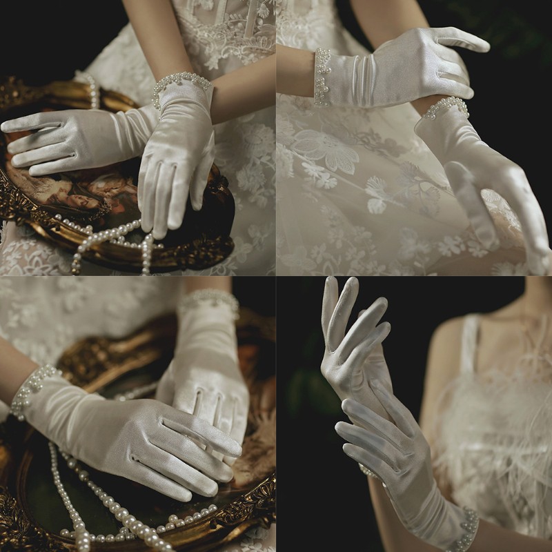 Găng tay đính ngọc trai nhân tạo cho cô dâu