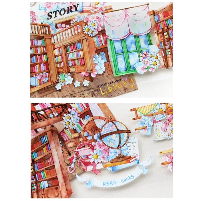 Đoạn chiết hình dán washi tape thư viện sách