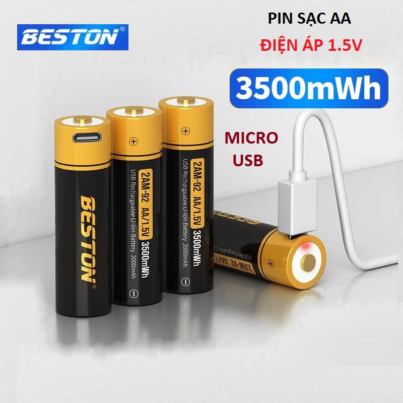 Pin tiểu sạc AA Beston 1.5V 3500mWh cao cấp sạc nhanh trực tiếp bằng cổng micro USB không cần bộ sạc