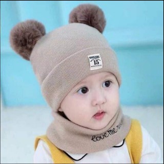 Set khăn + mũ len 2 quả bông cho bé