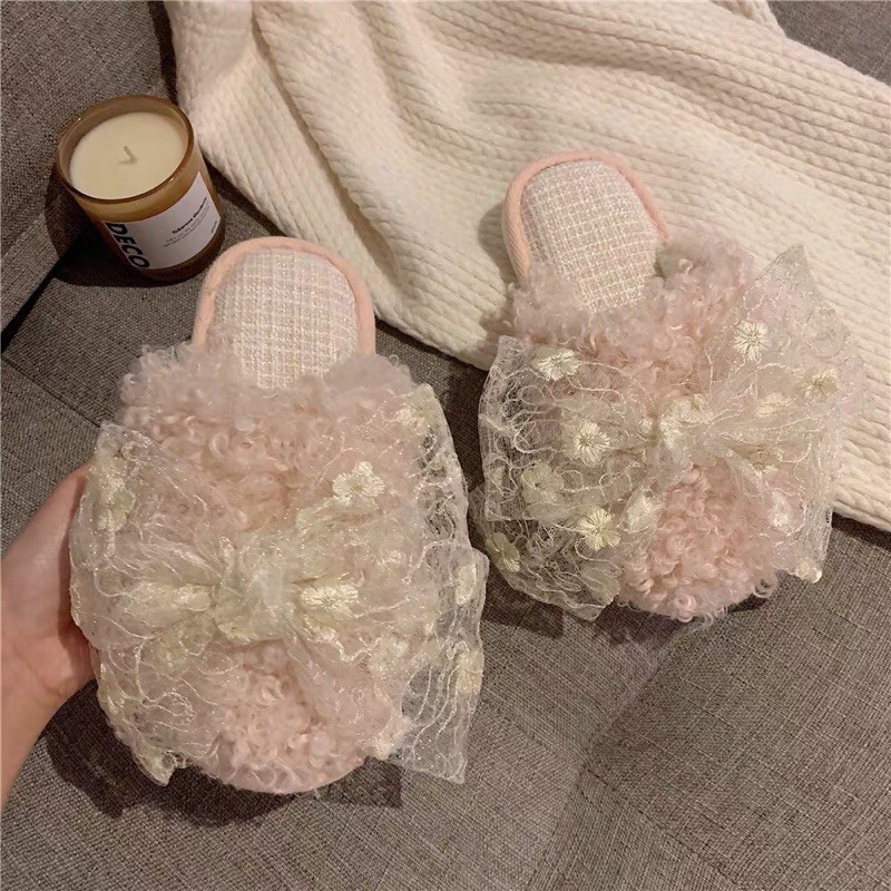Xinh ngất ngây . dép lông cute nơ ren