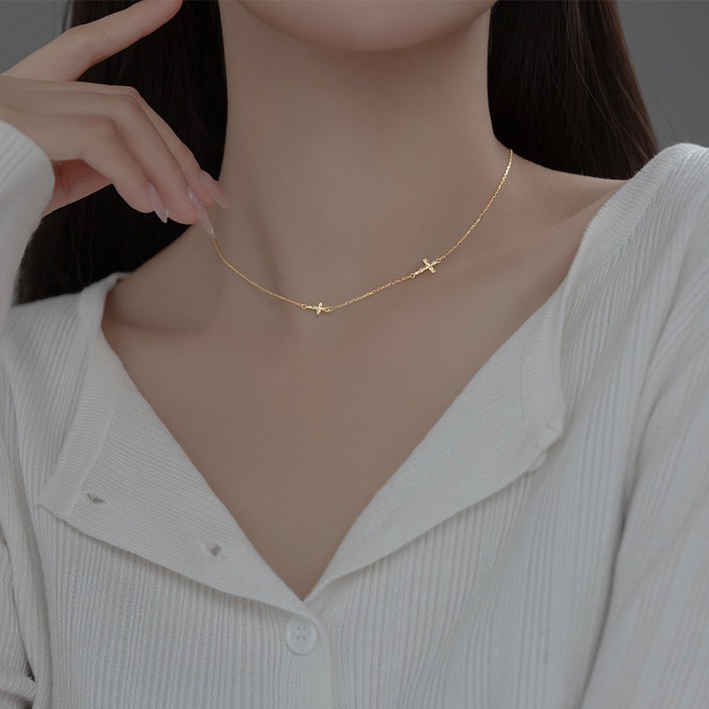 Dây chuyền bạc nữ hình thánh giá mạ vàng 14k, vòng cổ nữ bạc 925 hình chữ thấp đơn giản cá tính DUYSON SILVER [DCKX31]