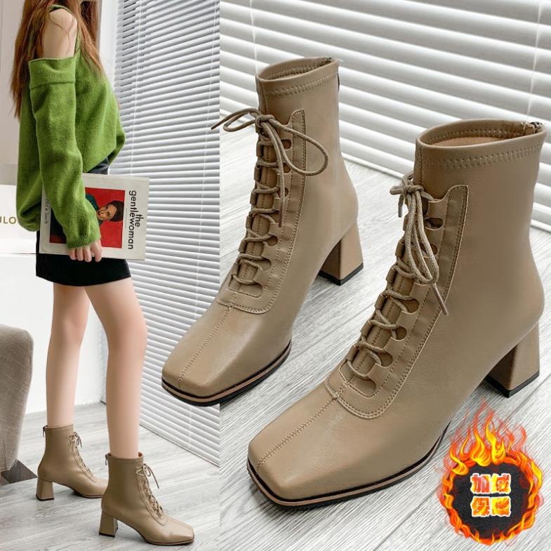 Boot Nữ Cổ Cao Giày Bốt Cao Gót 6CM Mũi Vuông PNC