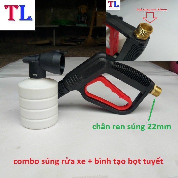 Súng Xịt Rửa Xe Áp Lực Cao Và Bình Phun Bọt Tuyết (cò đỏ ren 22mm + bình 0,5 lít)