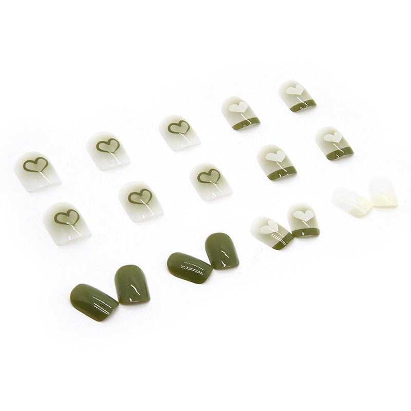 Hộp 24 Móng Tay Giả Hình Vuông Họa Tiết Trái Tim Màu Xanh Lá Tự Nhiên R536