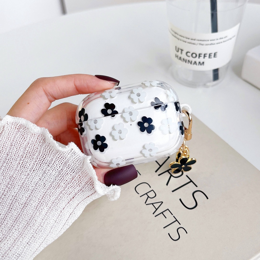 Vỏ Bảo Vệ Hộp Sạc Tai Nghe AirPods3 4 Trong Suốt Màu Trắng Đen Họa Tiết Hoa Nhỏ Dễ Thương Thời Trang 2021 Ốp