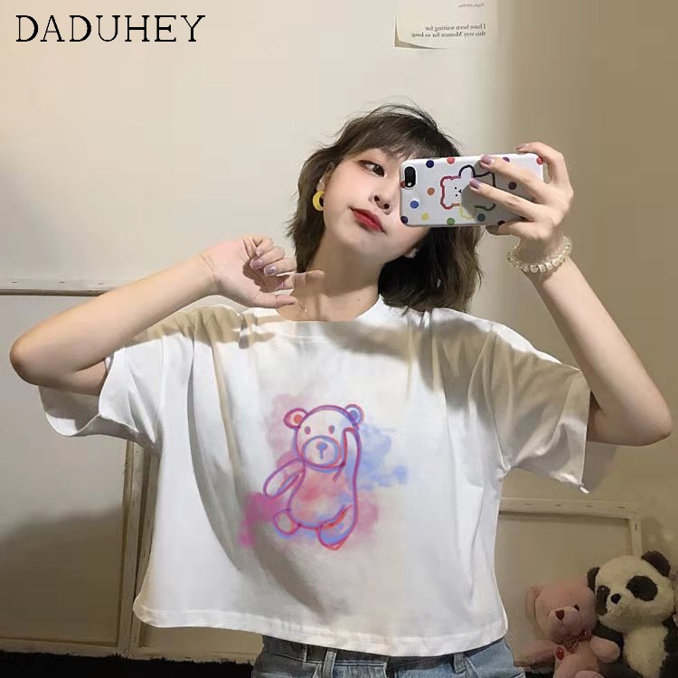 Áo thun Daduhey tay ngắn dáng rộng hở rốn in họa tiết gấu phong cách Hàn Quốc thời trang mùa hè cho nữ