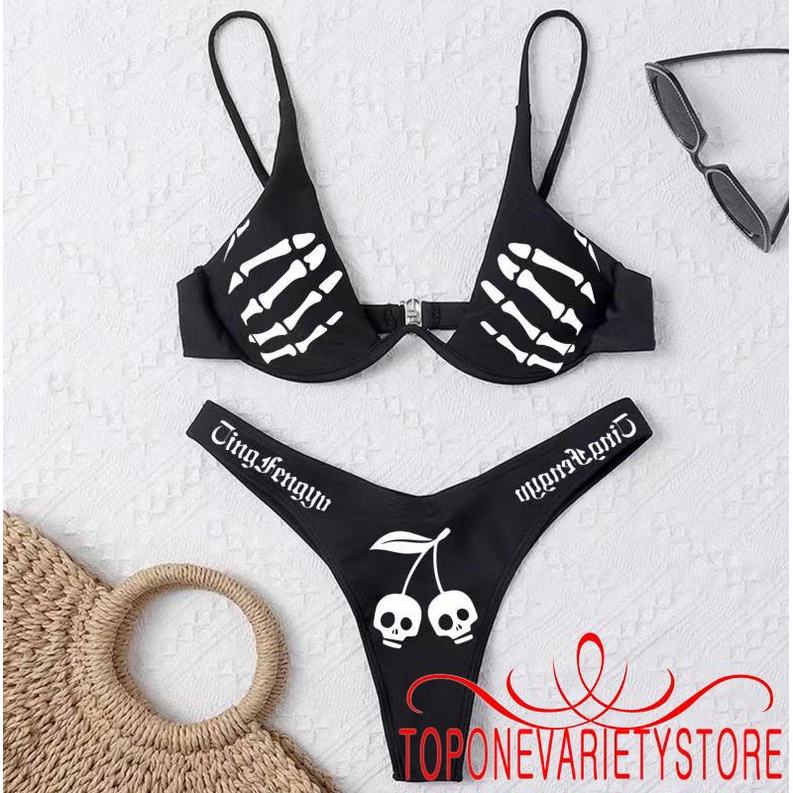 Bộ đồ bơi hai mảnh cổ chữ V khoét sâu in họa tiết đầu lâu có độn co giãn cho nữ