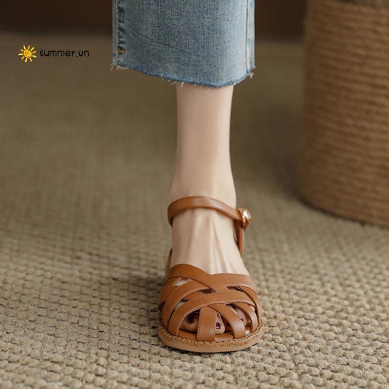 Giày Sandal Gót Vừa Dày Vừa Mũi Tròn Khoét Lỗ Thời Trang Mùa Hè Dành Cho Nữ 2022