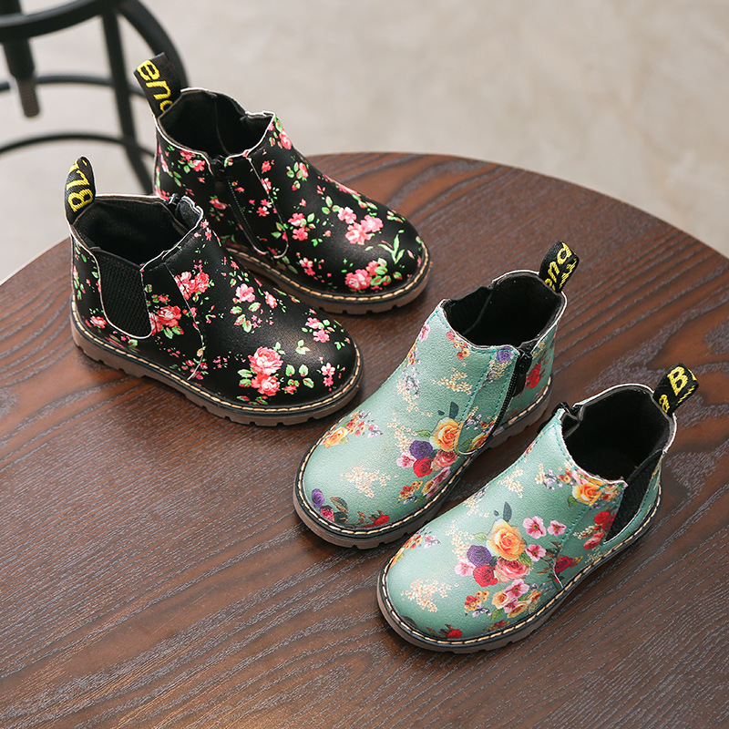 1-12Yrs Kids Martin Boots Girls Print Flower Boots Black Pu Leather Anti-slip Shoes Size 21-36