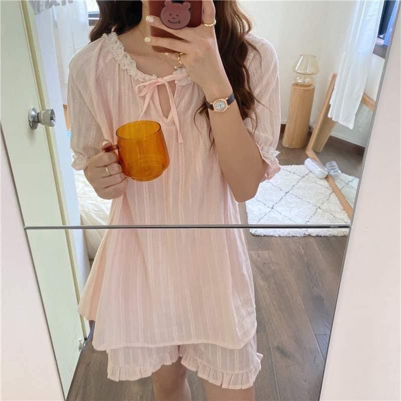 Bộ đồ mặc nhà - Bộ ngủ vải thô viền ren Ulzzang hai màu