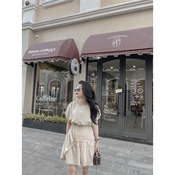 S0616 Set áo eo chun và chân váy nhún bèo hông