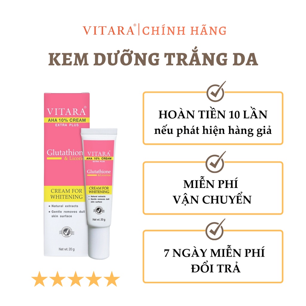 Kem trắng da Vitara AHA 10% Cream Extra Plus cho da không đều màu có Glutathoinegiúp da trắng sáng, mềm mịn hơn 20g